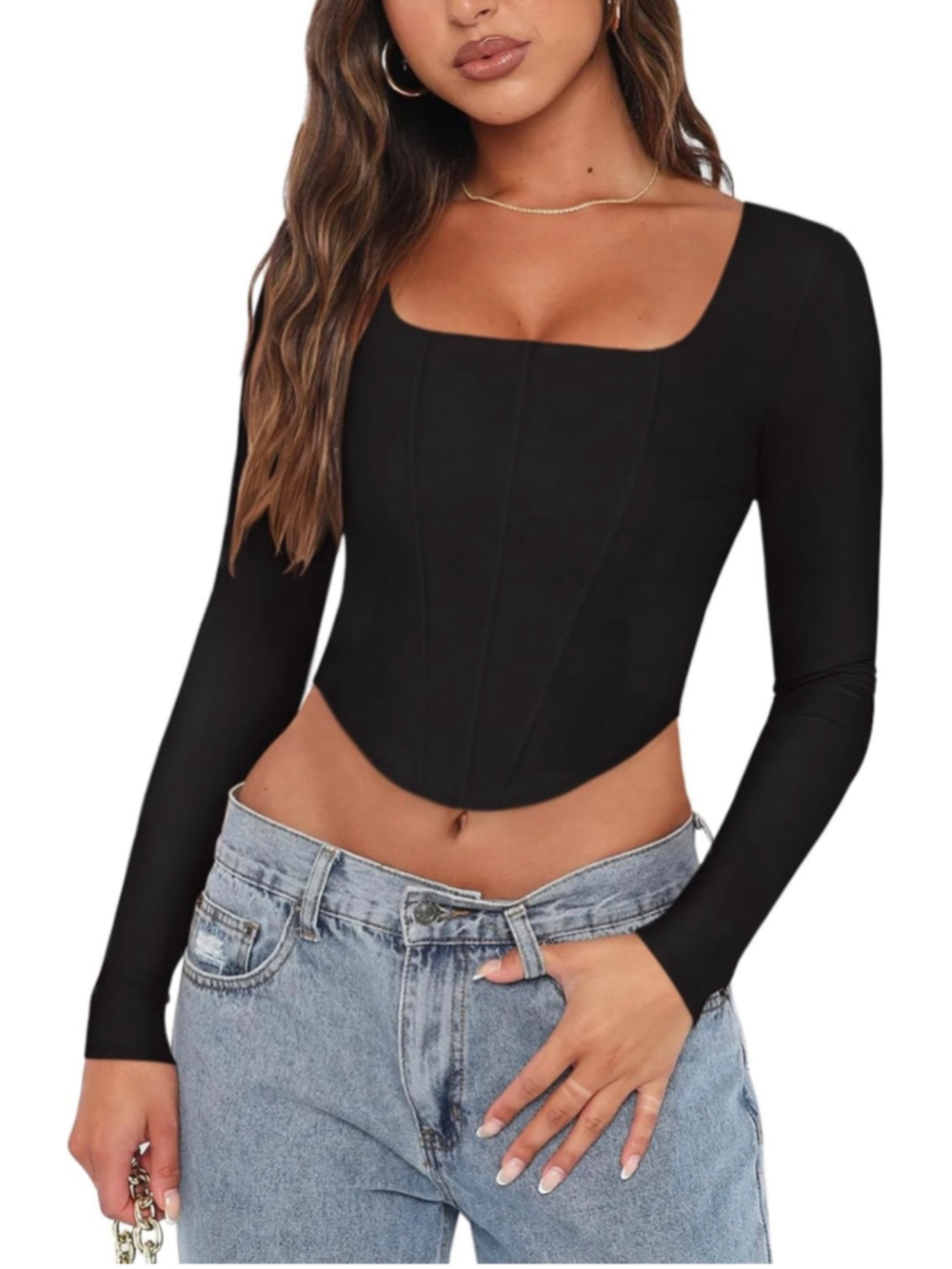NEW REORIA Square Neck Long Sleeve Y2K Boned Bustier Corset Crop Tops XL